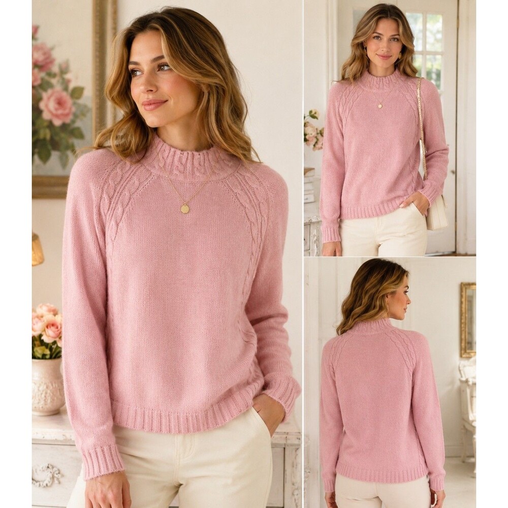 Coquette Cottagecore Cable Knit Pink Sweater Jones NY Mock Neck Rabbit Hair MP